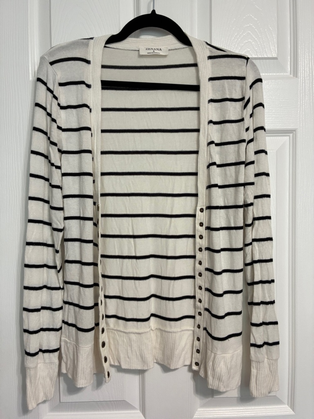 Zenana Outfitters Cream and Black Striped Lightweight Open Cardigan